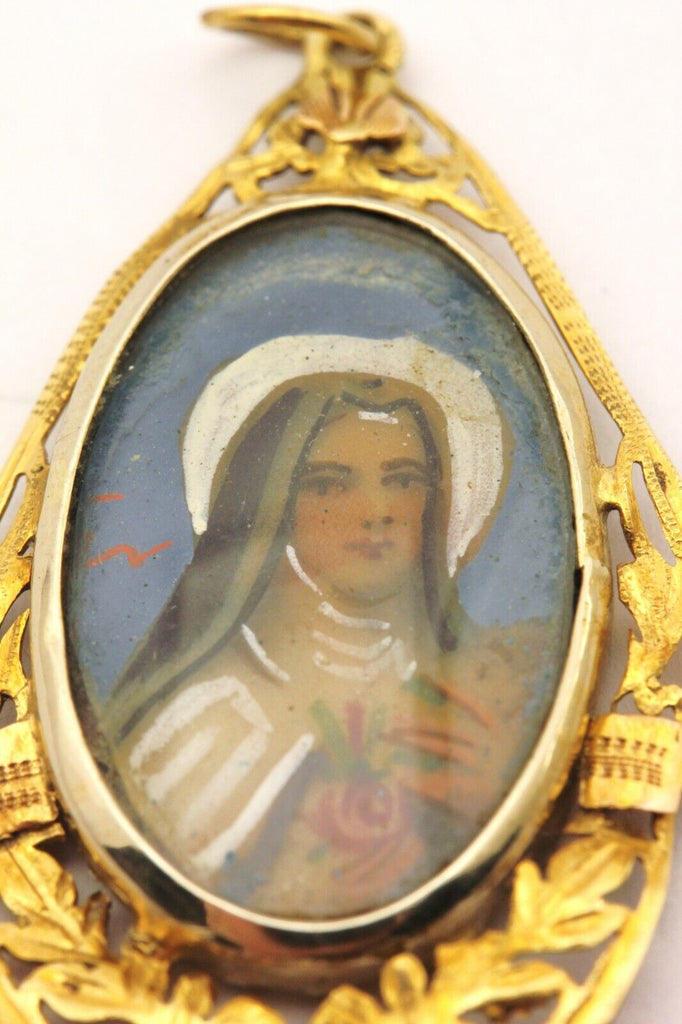 750 18k yellow gold painted portrait pendant religious 2.92g vintage estate