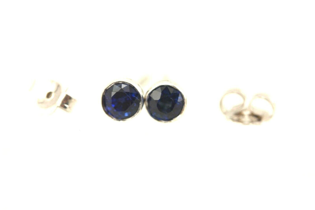 14k white gold 4mm round blue sapphire bezel stud earrings .56ctw estate