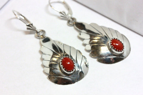 Sterling Silver drop dangle earrings red coral 1970s leverback fastening 5.2g