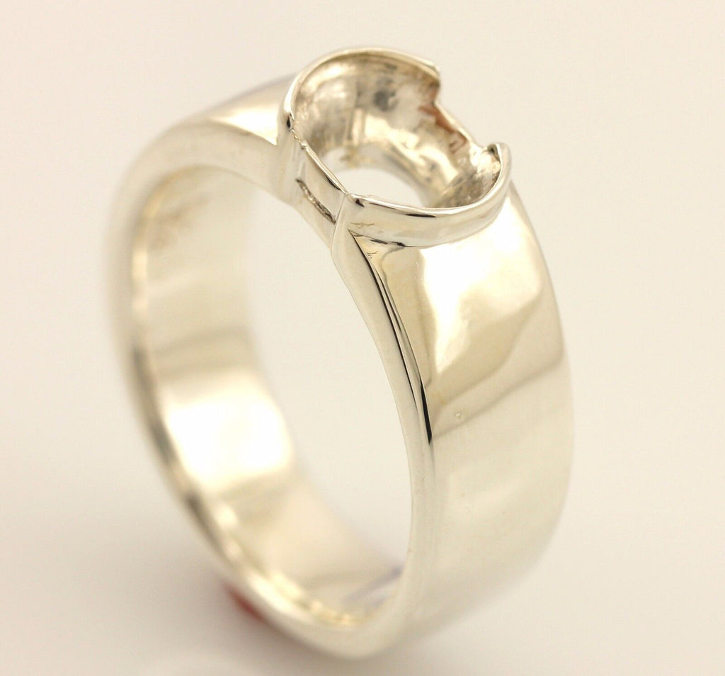 Platinum sterling silver men ring sz 8 band 9x7mm oval half-bezel setting estate