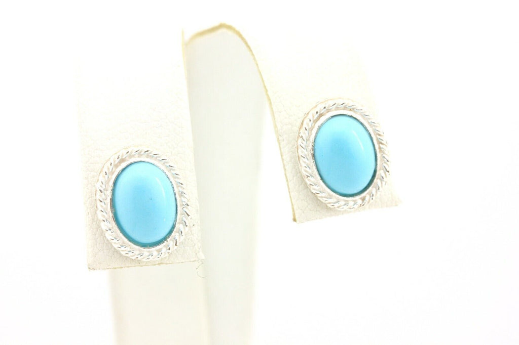800 silver 8x6mm oval blue turquoise cabochon stud earrings rope border 2.10g