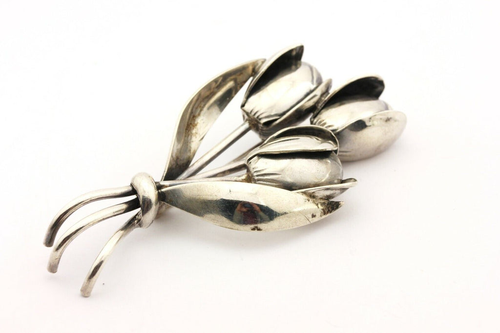 835 silver pin brooch tulip flowers 3.25 inch 23.5g vintage estate