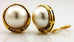 18k yellow gold 16mm round white Mabe pearl earring studs 0.30ctw diamonds omega