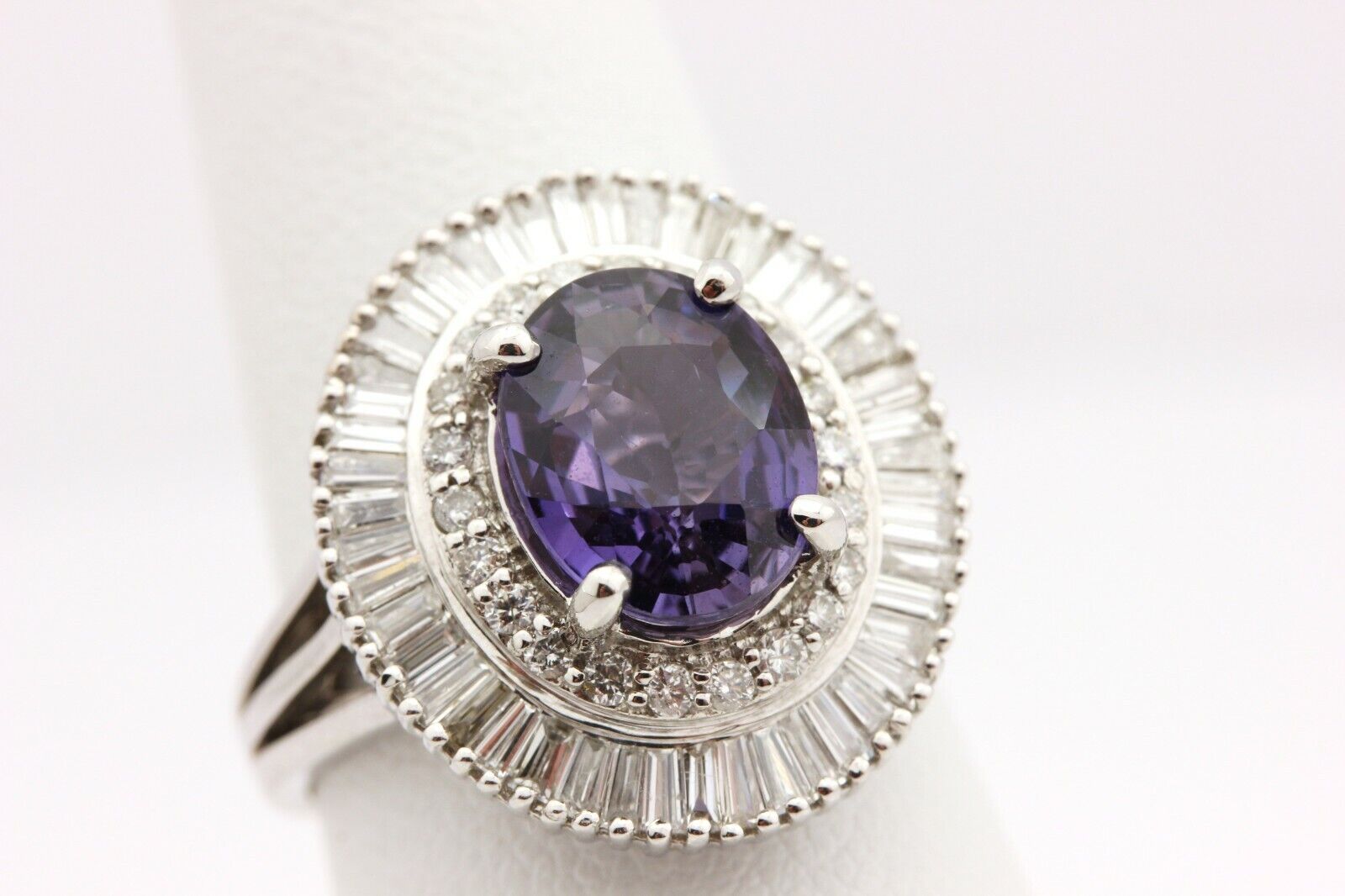 14k white gold GIA purple sapphire diamond halo ballerina ring size 6 5.3g