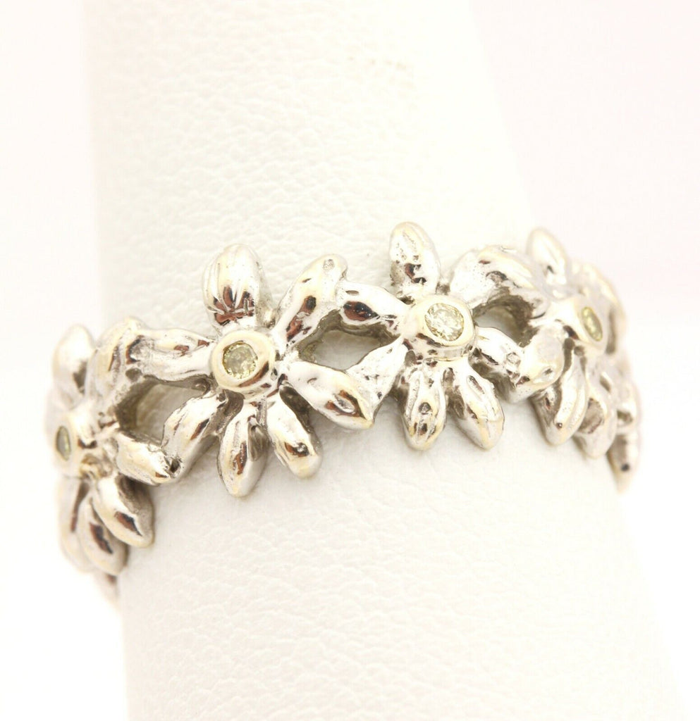 18k white gold yellow diamond flower ring band size 7 5.56g estate vintage