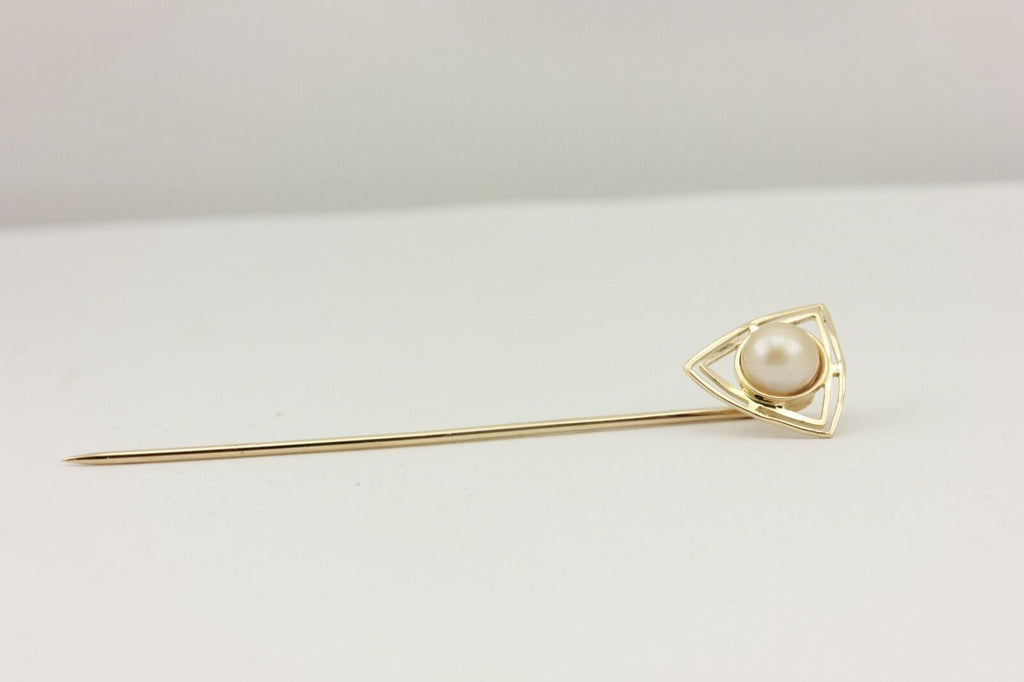 10k yellow gold 6mm pearl 2.5 inch stick pin estate vintage 1.3g