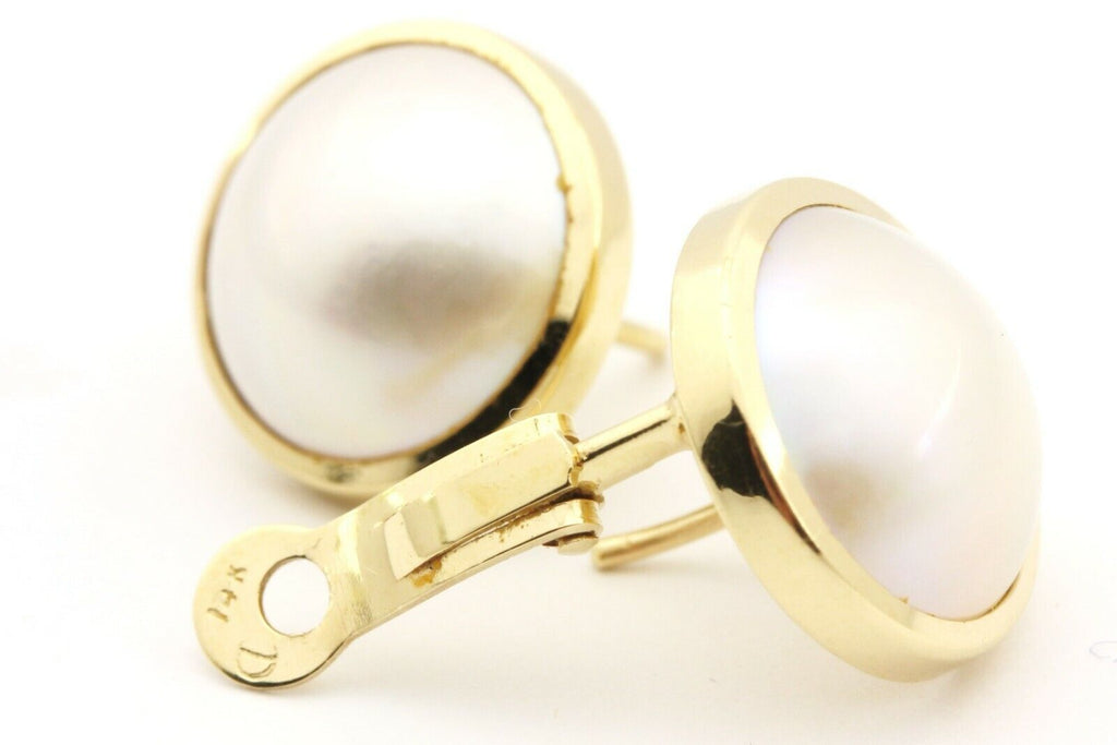 14k yellow gold 13mm round white mabe pearl earrings 4.54g vintage estate