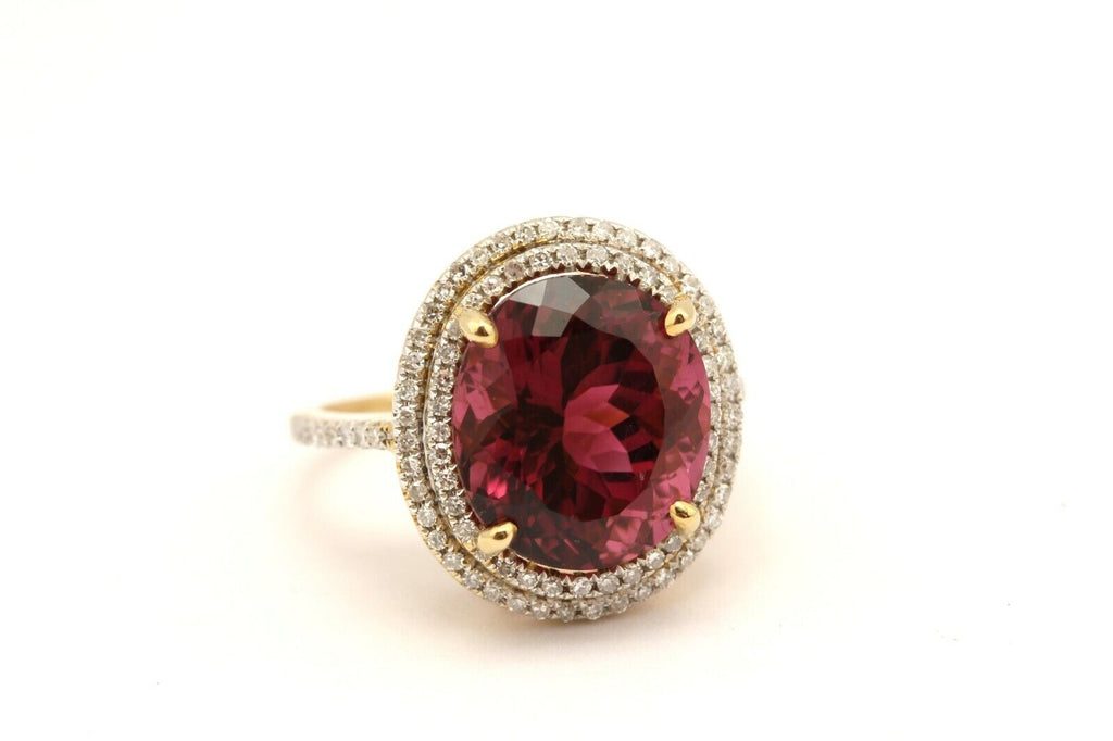 14k yellow gold 7.36ct oval pink tourmaline double halo diamond ring sz 6.5 NEW