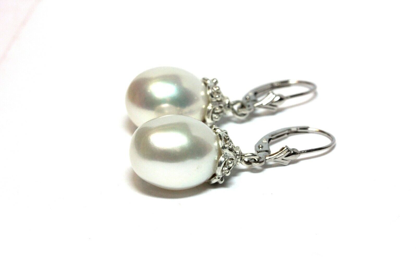 14k white gold 925 sterling silver 14mm drop freshwater pearl leverback earrings