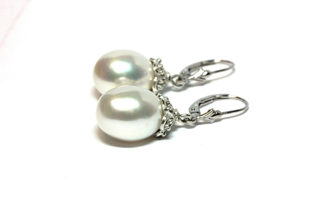 14k white gold 925 sterling silver 14mm drop freshwater pearl leverback earrings