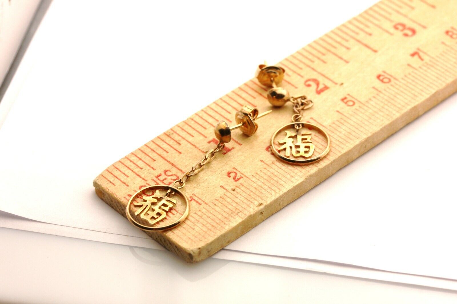 14k rose gold drop dangle earrings lucky chinese fu symbol 1.5g estate vintage