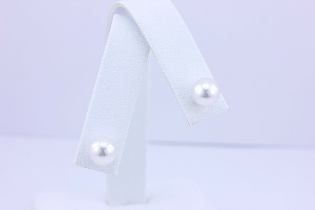 14k white gold 7.20-7.30mm round white pearls stud earrings new