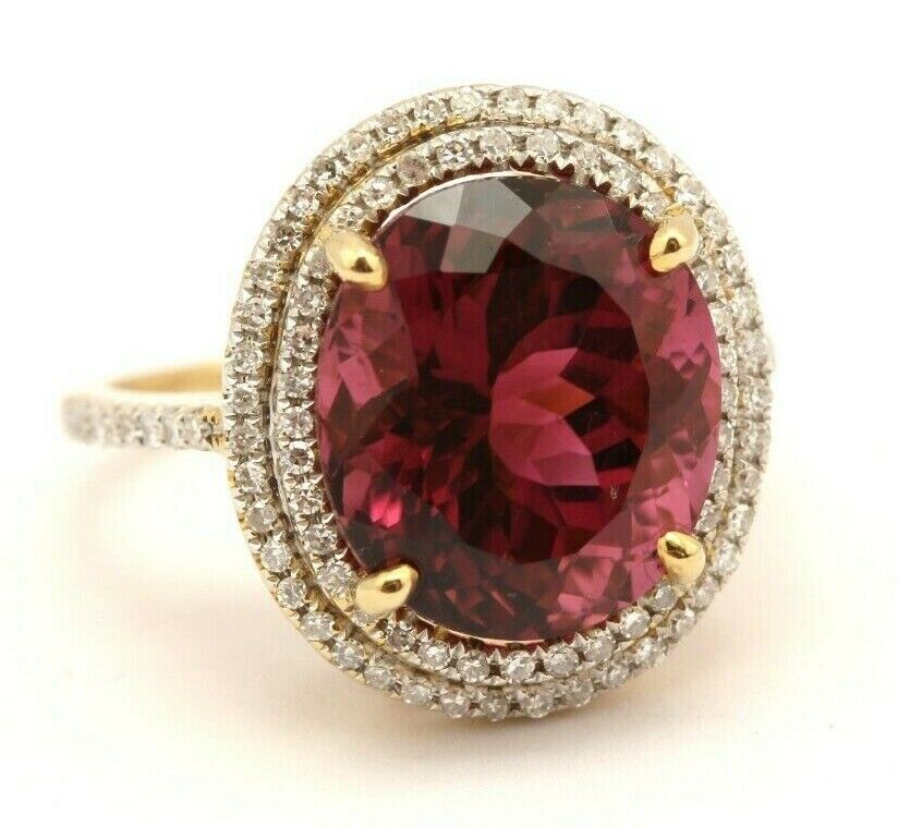 14k yellow gold 7.36ct oval pink tourmaline double halo diamond ring sz 6.5 NEW
