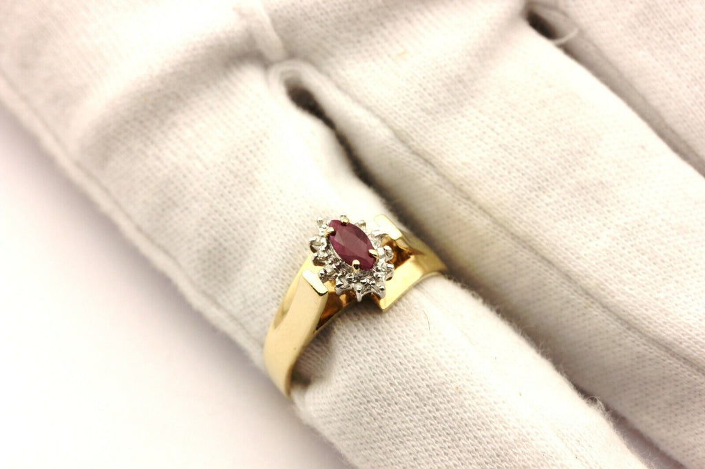 10k yellow gold red marquise ruby diamond halo ring 2.77g size 7.5 estate
