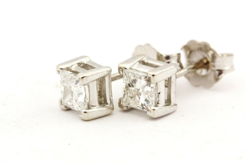 14k white gold 4mm square princess cut 0.80ctw stud earrings estate 1.1g