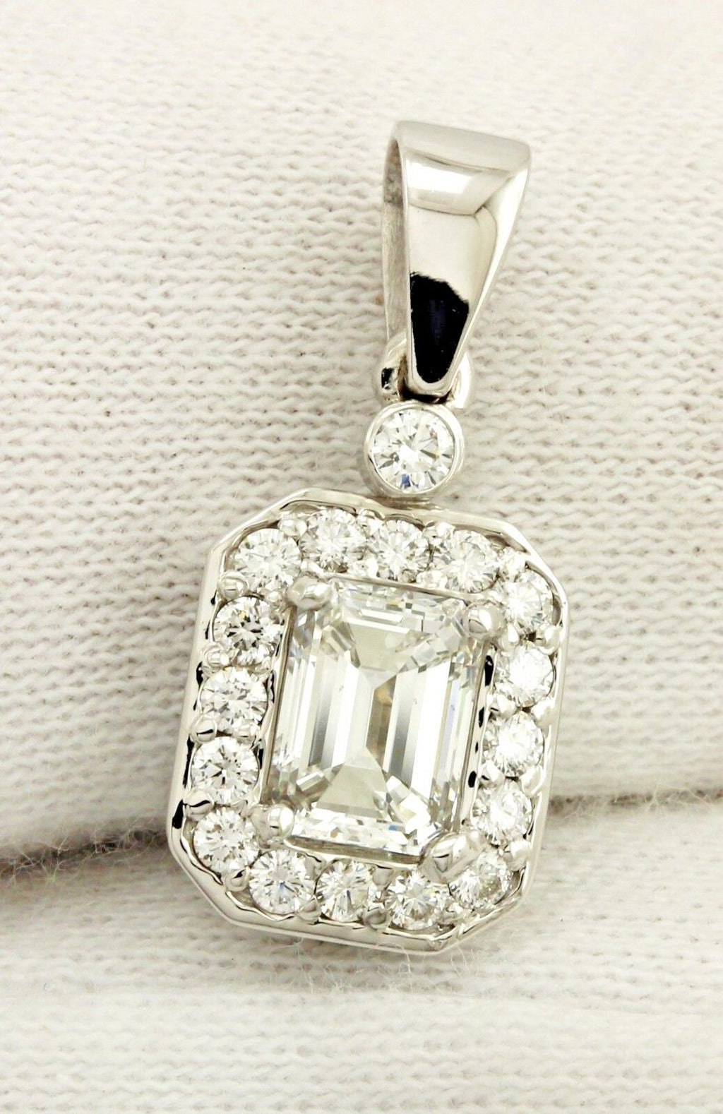 14k white gold 20mm drop halo pendant GIA emerald cut diamond ESTATE 1.15ctw