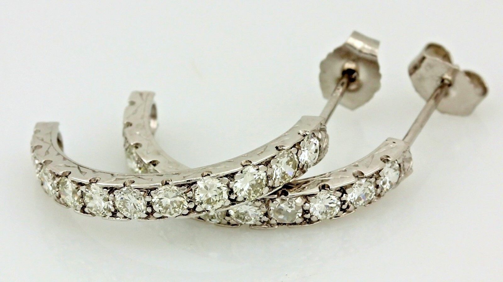 Platinum 1ctw round brilliant diamond half hoop huggie earrings vintage estate