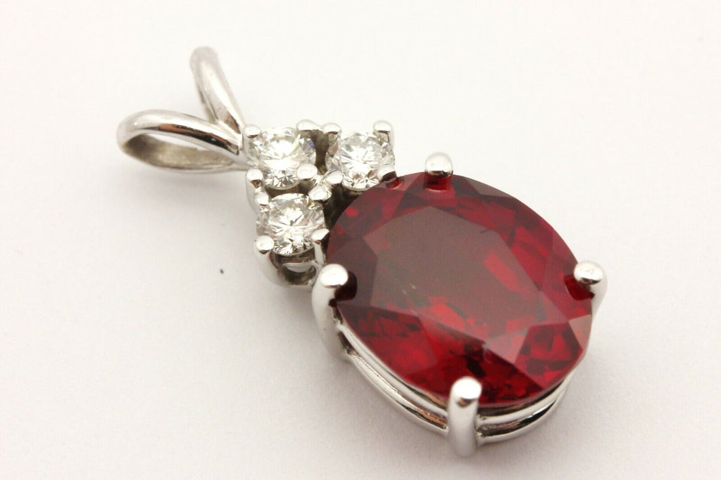 14k white gold lab ruby red oval 4.92ct 0.23ctw round diamond pendant new 2.6g