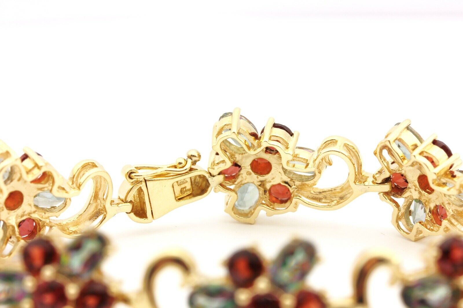KL 14k yellow gold 23.20ctw 7 inch bracelet garnet mystic topaz 29.09g vintage