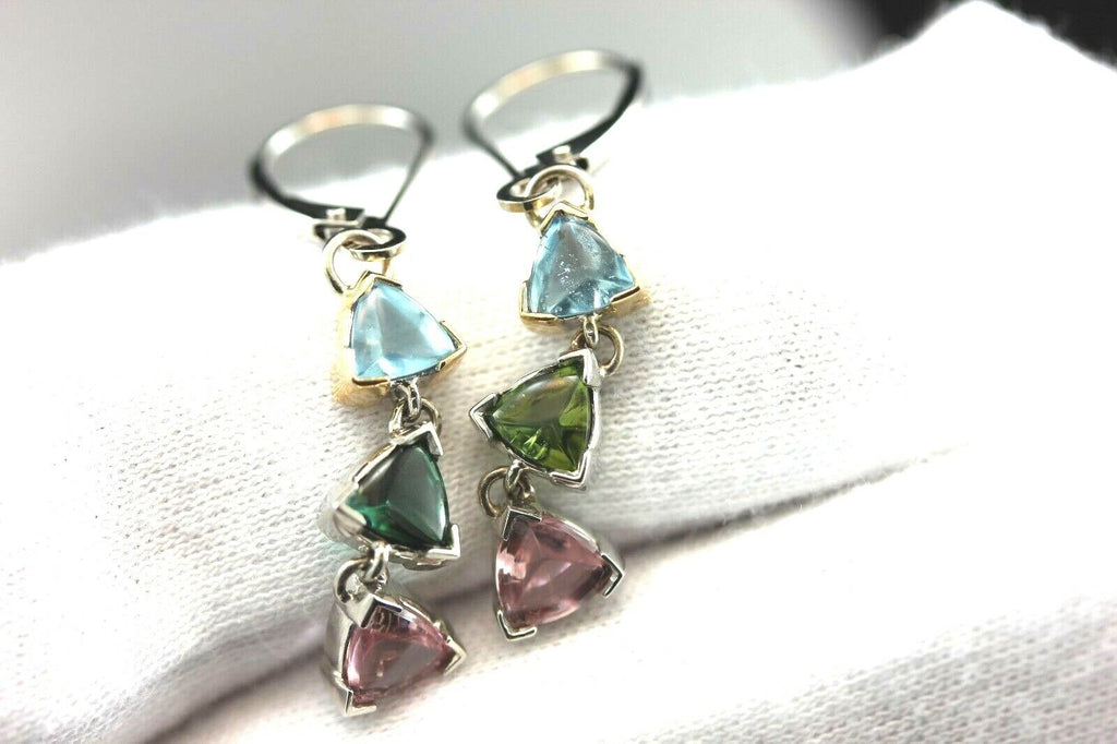 14k white gold dangle drop 1.5" earrings aquamarine tourmaline triangle NEW