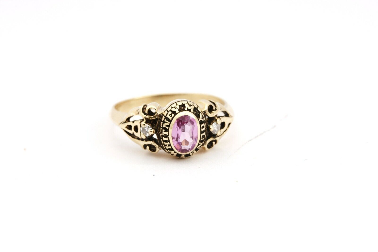 10k yellow gold pink sapphire diamond class ring 1984 size 6.25 estate vintage