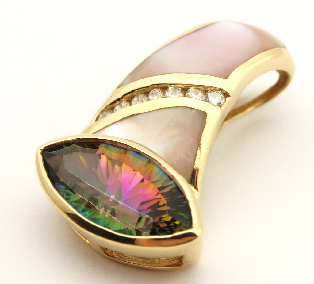 14k yellow gold mystic topaz diamond mother of pearl slide pendant 1 inch 4.78g
