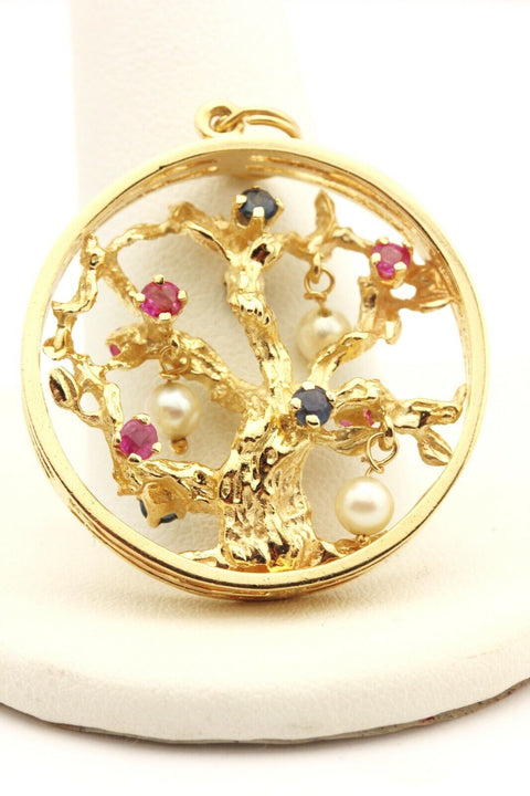 14k yellow gold tree pendant 10.29g 1.25 inch reversible vintage pearl sapphire