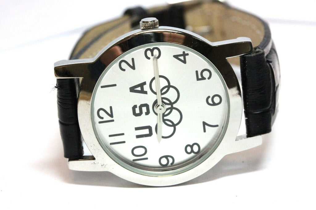 USA Olympics silver stainless steel wrist watch 6.5-8 inch leather black band
