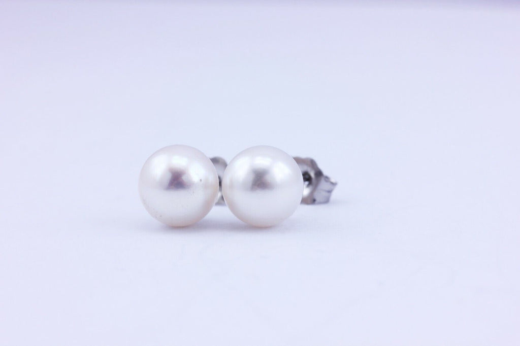 NEW white gold 14k 7mm Akoya cultered round pearl stud earrings 7.05-7.15mm