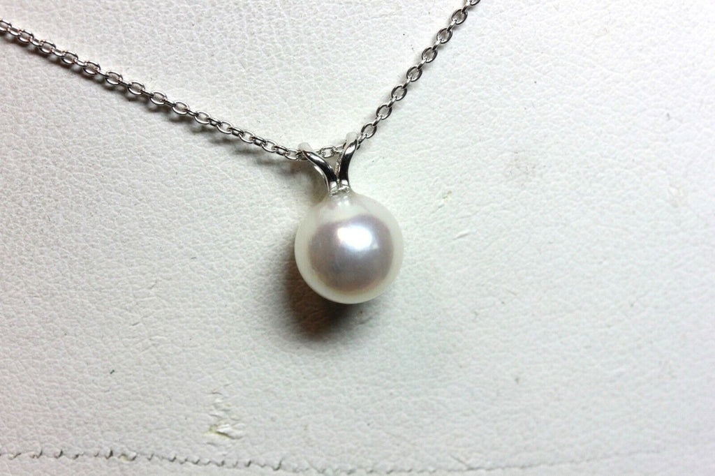 14k white gold 8.40mm round white akoya pearl pendant new rabbit ear NO chain