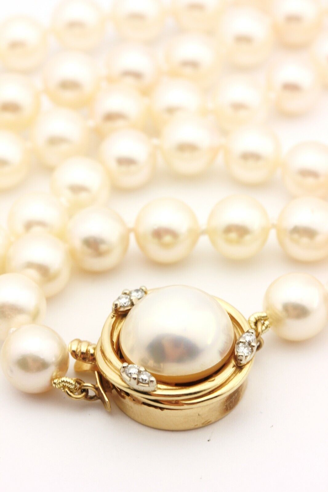 14k yellow gold round diamond Akoya pearl strand necklace 30 inch vintage estate