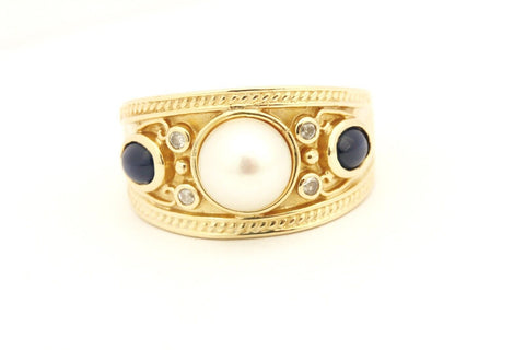 14k yellow gold 12.5mm ring band pearl sapphire diamond size 8.5 8.56g vintage