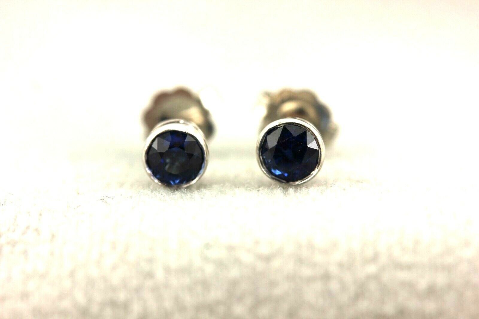 14k white gold 4mm round blue sapphire bezel stud earrings .56ctw estate