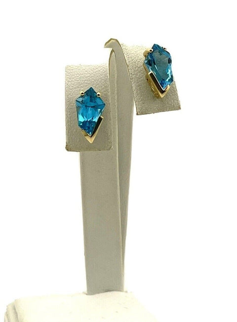 SGS 14k yellow gold stud earrings blue topaz kite shaped 0.5inch 2.4g estate