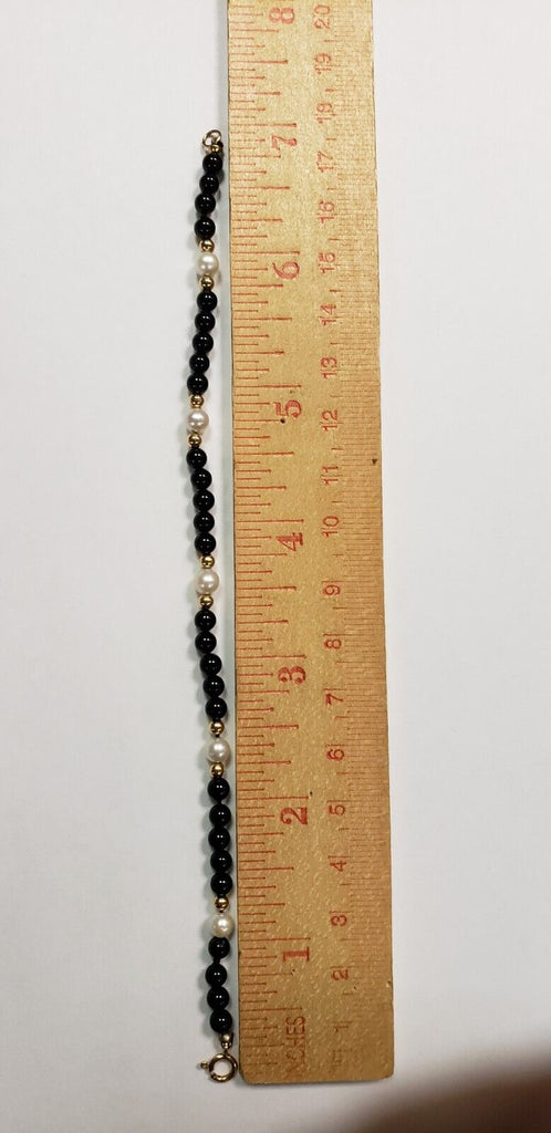 Vintage Black Onyx White Pearl Beaded Bracelet 14K Gold Clasp & Beads 7" vintage
