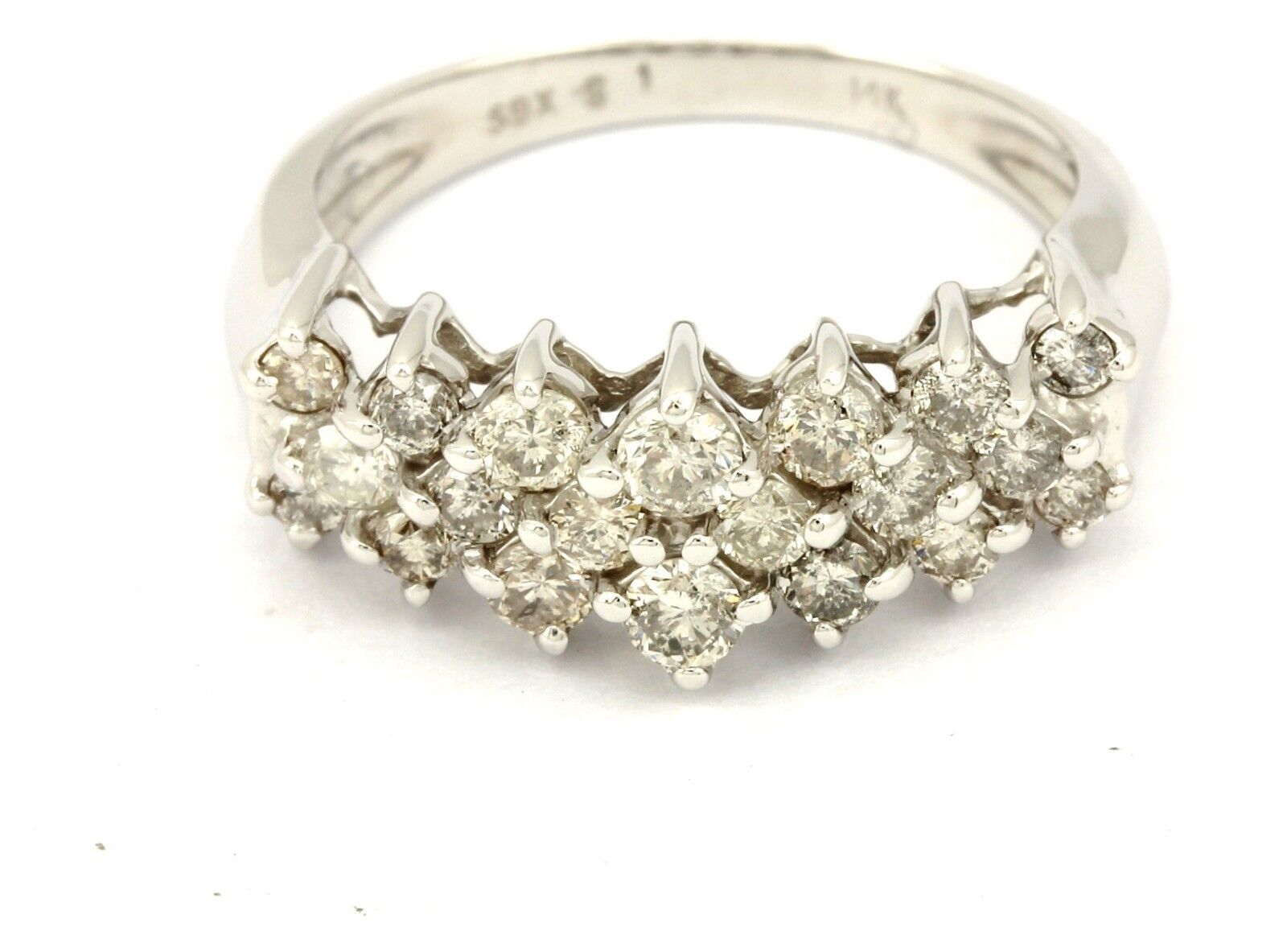 ESTATE 14k white gold 1ct round diamond 3 row wedding ring band 4.48gr sz 7.25