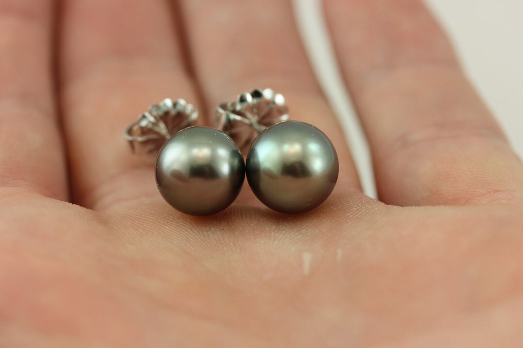 14k white gold 11-11.5mm Genuine Tahitian black cultured pearl stud earrings NEW