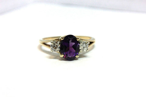 14k yellow gold 8x6mm purple amethyst 0.25ctw round diamond ring estate 2.2g