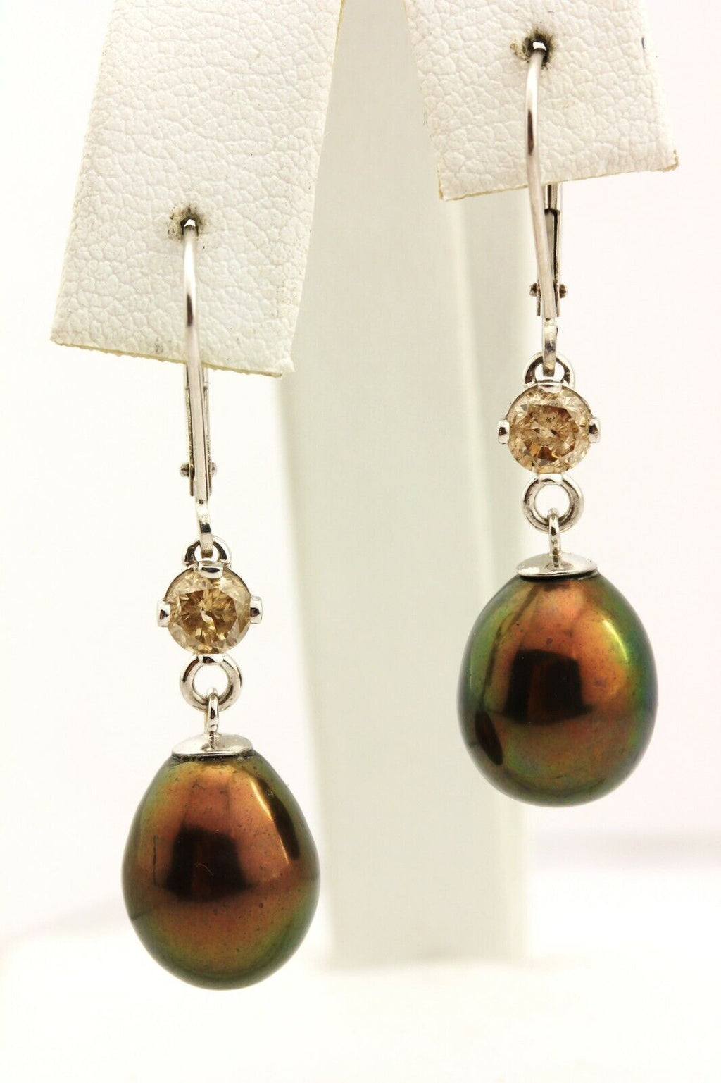 14k white gold 9.5mm chocolate pearls 0.64ctw diamond dangle drop earrings NEW