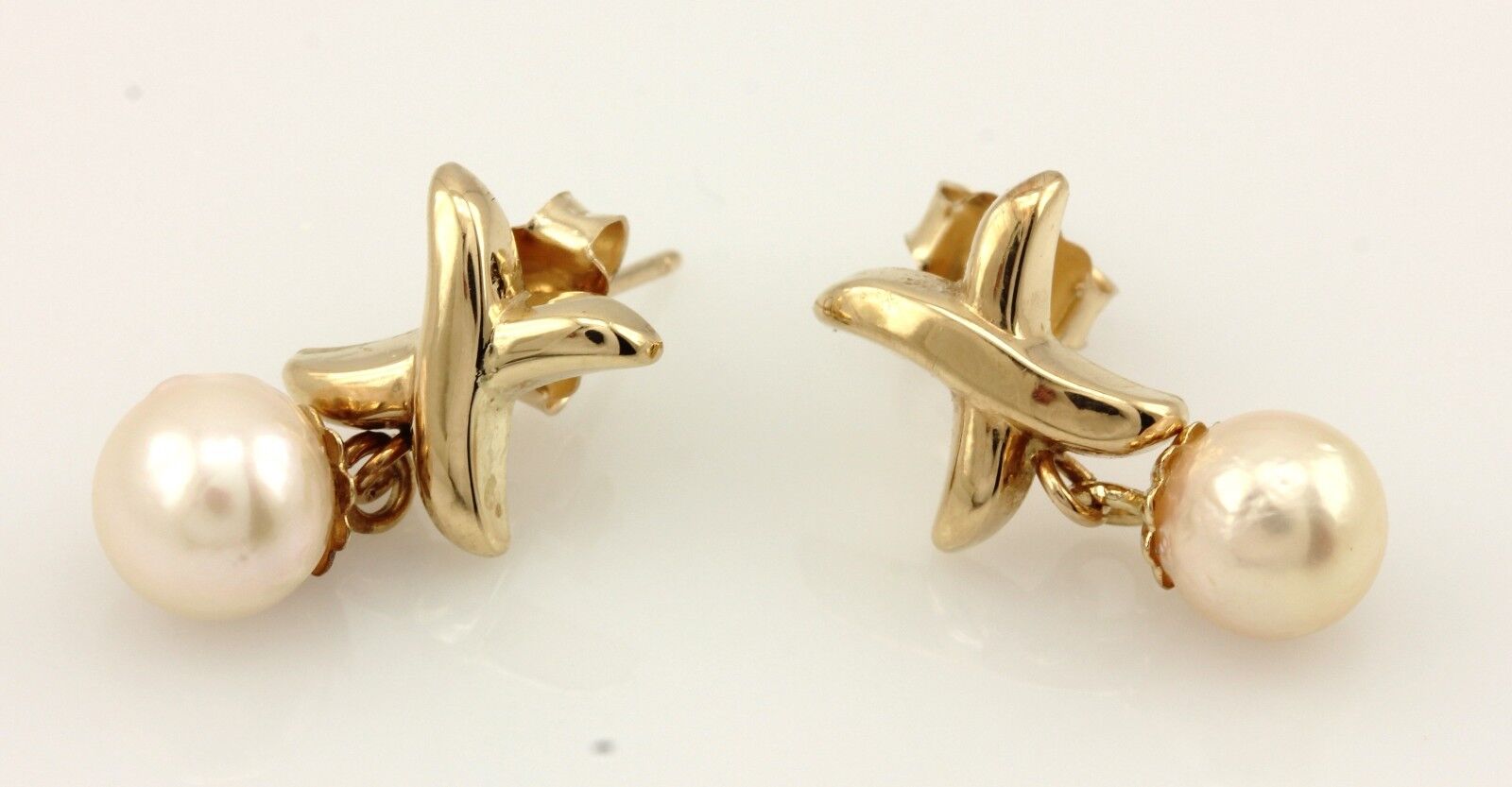 14k yellow gold X 28mm dangle earrings 6.3 - 6.6 mm round cultured pearls estate