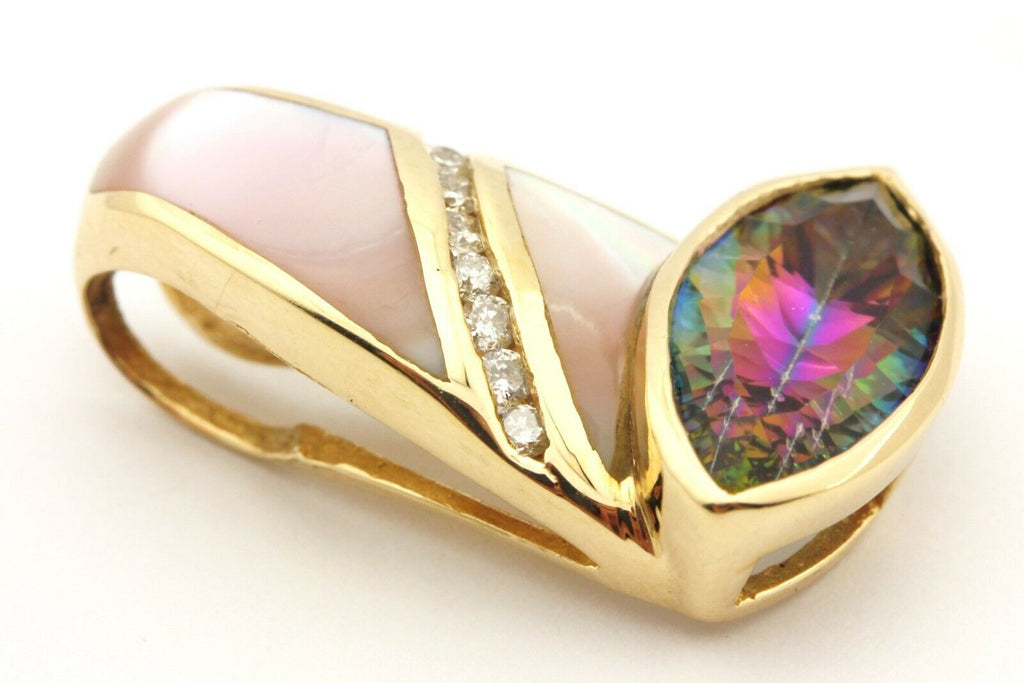 14k yellow gold mystic topaz diamond mother of pearl slide pendant 1 inch 4.78g