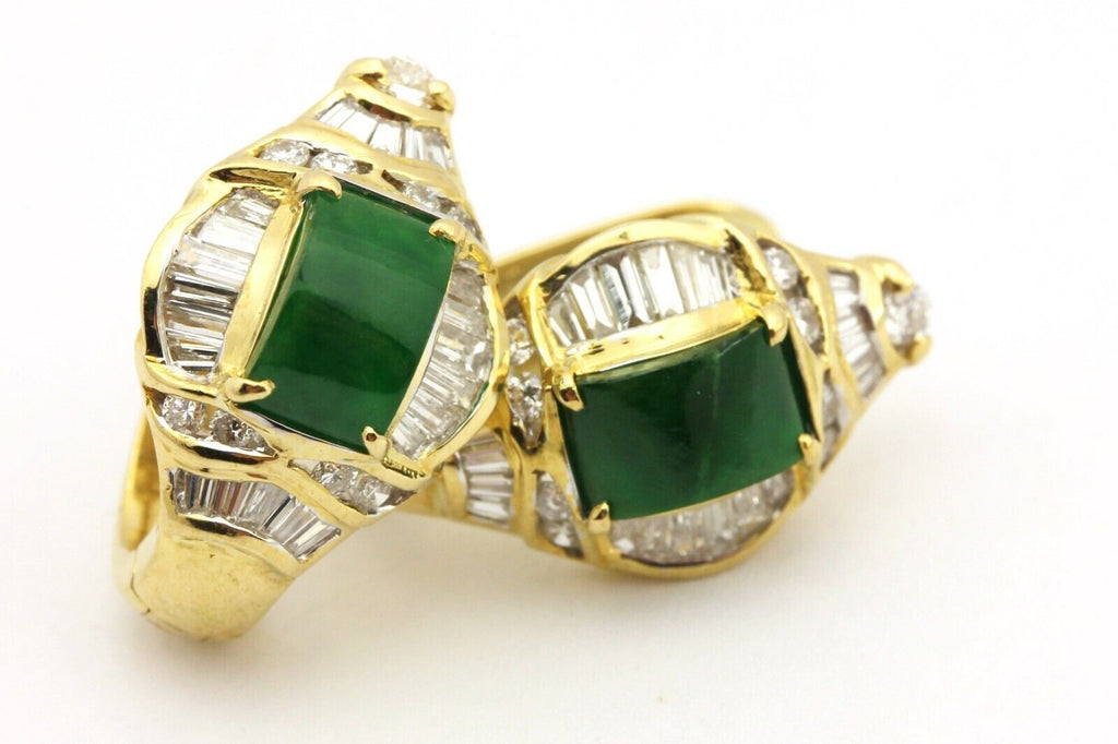 750 18k yellow gold green jadeite jade diamond earrings 0.75 inch 7.45g vintage