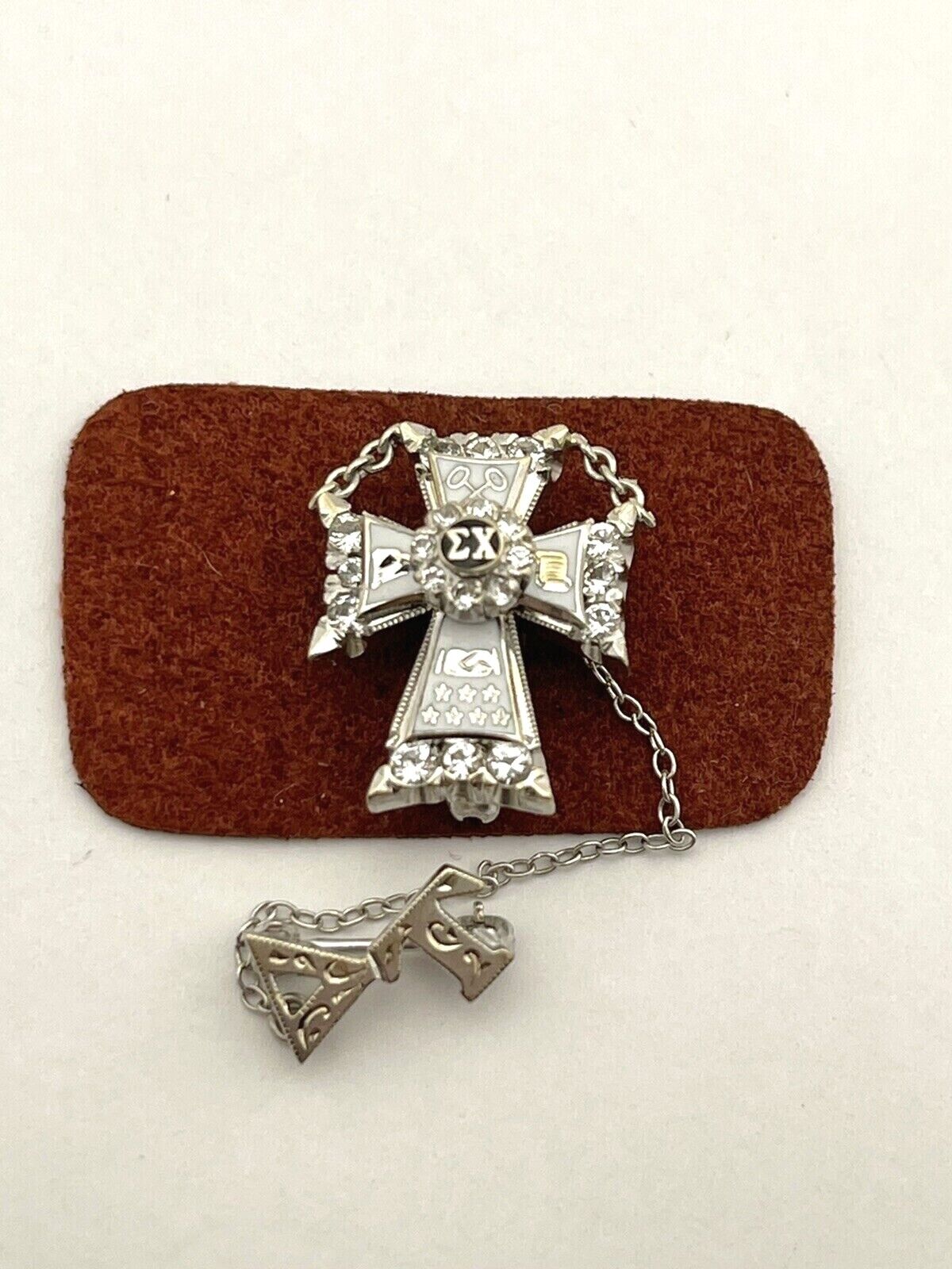 14k white gold fraternal cross pin brooch glass/rhinestone 0.75inch 5.4g vintage