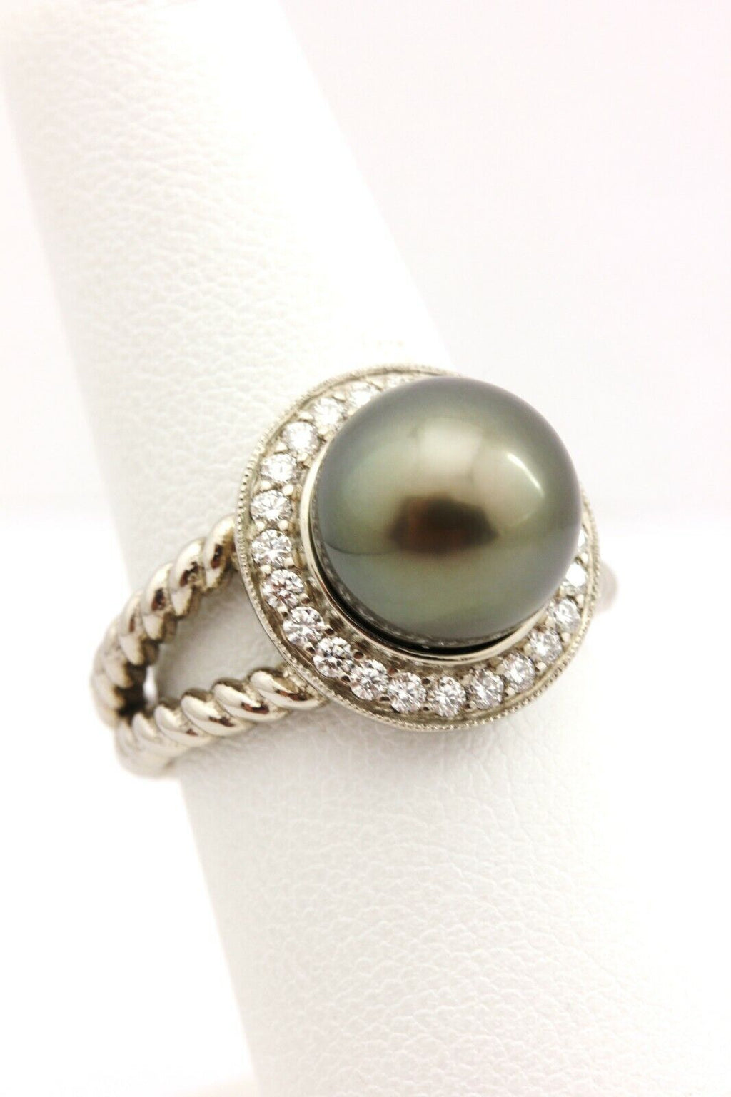 palladium round black Tahitian pearl diamond halo ring size 6.75 twist 8.62g