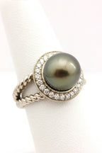 palladium round black Tahitian pearl diamond halo ring size 6.75 twist 8.62g