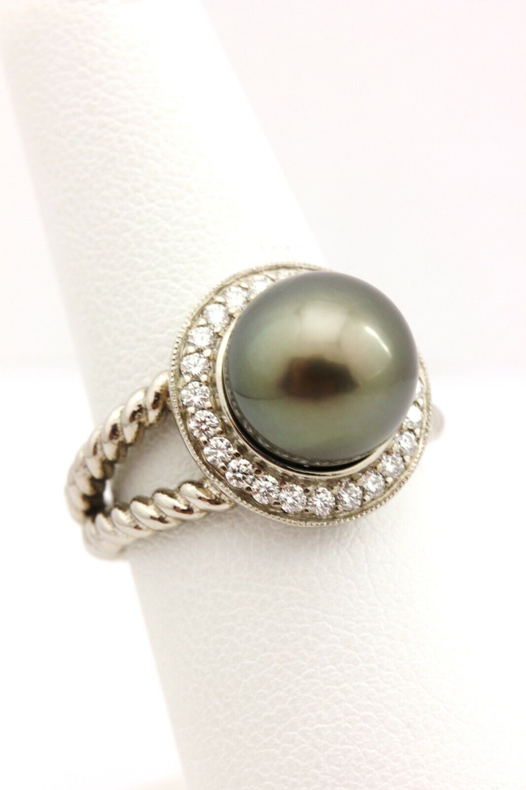 palladium round black Tahitian pearl diamond halo ring size 6.75 twist 8.62g