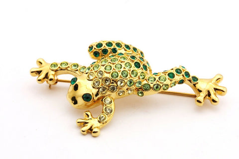 Monet costume fashion green rhinestone frog pin brooch 2.5 inch 15.2g estate vin