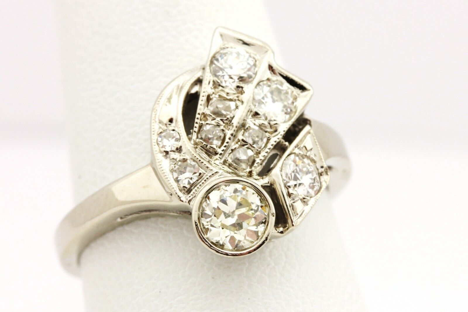 14k white gold diamond fan ring 0.81ctw vintage antique estate 4.8g size 7.75
