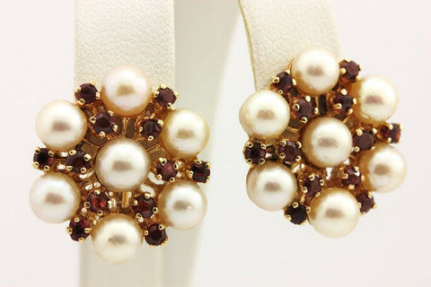 14k yellow gold garnet pearl drop dangle stud earrings 1.75 inch 12g vintage