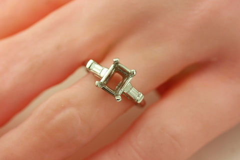 Platinum 3 stone engagement ring semimount .26ctw baguette sides 2ct center